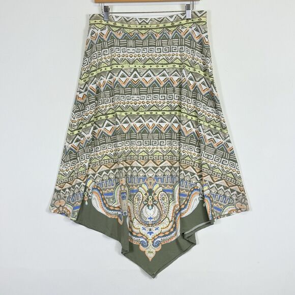 Chico's Olive Green Cream Native Print Jersey Knit Midi Skirt Women's 1 Medium 8 - Picture 1 of 5